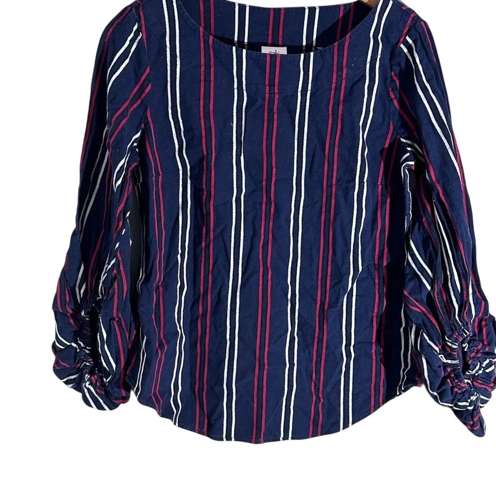Cabi Striped Blouse Top Small‎ Navy Red White Long Sleeve Ruched Cuff